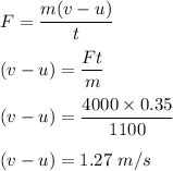 F=\dfrac{m(v-u)}{t}\\\\(v-u)=\dfrac{Ft}{m}\\\\(v-u)=\dfrac{4000\times 0.35}{1100}\\\\(v-u)=1.27\ m/s