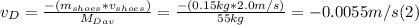 v_{D} = \frac{-(m_{shoes}*v_{shoes})}{M_{Dav}} = \frac{-(0.15kg*2.0m/s)}{55 kg}} = -0.0055 m/s (2)