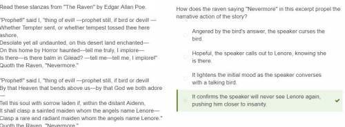 Read these stanzas from The Raven by Edgar Allan Poe.

Prophet! said I, “thing of evil! —prophet