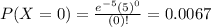 P(X = 0) = \frac{e^{-5}(5)^{0}}{(0)!} = 0.0067