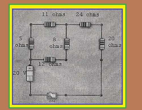 The circuit below is powered by a 20-volt battery. What current is flowing through the on/off switch