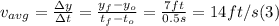 v_{avg} = \frac{\Delta y}{\Delta t} = \frac{y_{f}-y_{o}}{t_{f} - t_{o}} = \frac{7ft}{0.5s} = 14 ft/s (3)