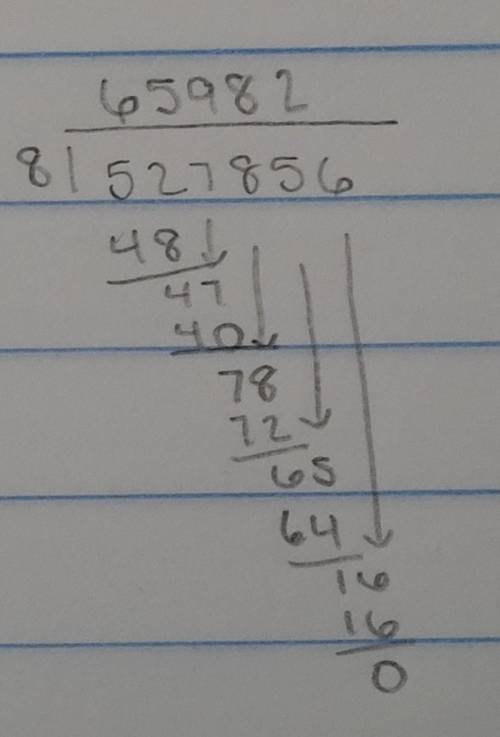 527856 \ 8 
How do I solve this with long division to find my quotient?