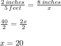 \frac{2 \: inches}{5 \: feet}  =  \frac{8 \: inches}{x}  \\  \\  \frac{40}{2}  =  \frac{2x}{2}  \\  \\ x = 20