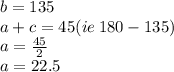 b = 135 \\ a + c = 45(ie \: 180 - 135)  \\ a =  \frac{45}{2}  \\ a = 22.5