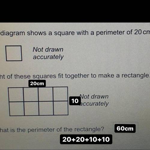 The diagram shows a square with a perimeter of 20 cm.

Not drawnaccuratelyEight of these squares fit