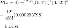 P(x=4)= ^{12}C_{4}(0.475)^4(0.525)^{8}\\\\=\dfrac{12!}{4!8!}(0.000293798)\\\\=0.1454