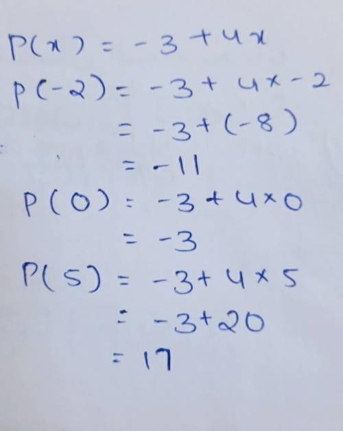 Evaluate p(x) = -3 + 4x when x = -2, 0, and 5.
p(-2) =
p(0) =
p(5) =