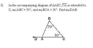 In the accompanying diagram of ABC ca is extended to D, m∠ABC = 70 and m∠BCA =50 Find m∠DAB
