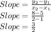 Slope=\frac{y_2-y_1}{x_2-x_1}\\Slope=\frac{8-5}{2-1}\\Slope=\frac{3}{2}