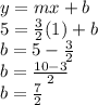 y=mx+b\\5=\frac{3}{2}(1)+b\\b=5- \frac{3}{2}\\b=\frac{10-3}{2}\\b=\frac{7}{2}\\