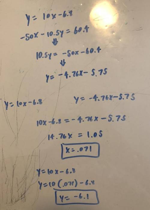 Please need help on this

Y=−10x−6.8
−50x−10.5y=60.4
i need to find the substitution please help