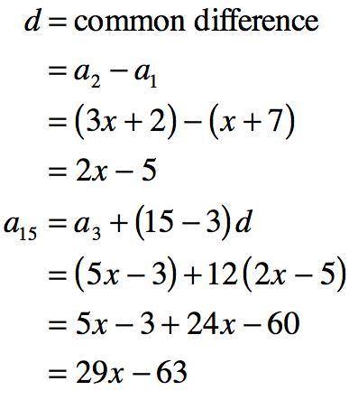 Find the 15th term of the arithmetic sequence x+7,3x+2,5x-3