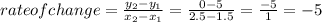 rate of change = \frac{y_2 - y_1}{x_2 - x_1} = \frac{0 - 5}{2.5 - 1.5} = \frac{-5}{1} = -5