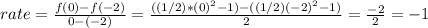 rate = \frac{f(0) - f(-2)}{0 -(-2)} = \frac{((1/2)*(0)^2 - 1)  -((1/2)(-2)^2 - 1)}{2} = \frac{-2}{2} = -1