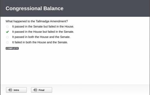What happened to the Tallmadge Amendment?

A.) It passed in the Senate but failed in the House.
B.)
