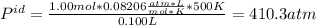 P^{id}=\frac{1.00mol*0.08206\frac{atm*L}{mol*K}*500K}{0.100L}=410.3 atm