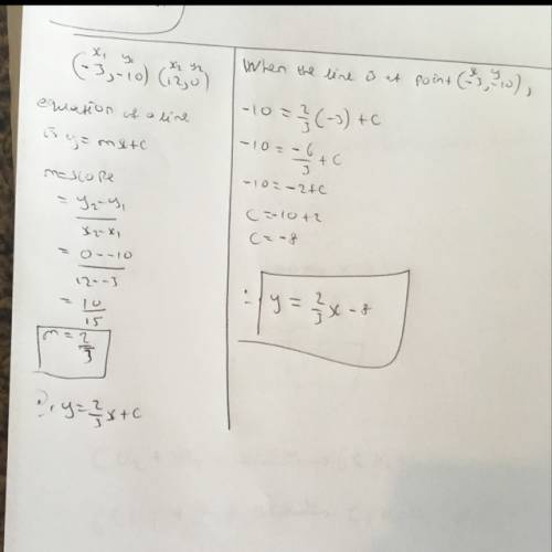 Find the equation of the line containing the points (-3, -10) and (12, 0)