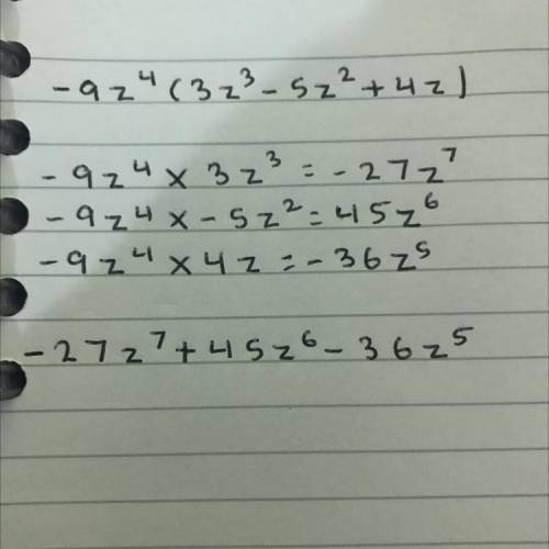 Simplify the expression.
-9z^4 (3z^3-5z^2+4z)