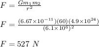 F = \frac{Gm_1m_2}{r^2} \\\\F = \frac{(6.67\times 10^{-11})(60)(4.9\times 10^{24})}{(6.1\times 10^6)^2} \\\\F = 527 \ N