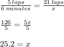 \frac{5 \: laps}{6 \: minutes}  =  \frac{21 \: laps}{x}  \\  \\  \frac{126}{5}  =  \frac{5x}{5}  \\  \\ 25.2 = x
