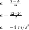 a = \frac{T-W}{m} \\\\a = \frac{12 - 20}{2} \\\\a = -4 \ m/s^2