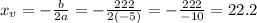 x_{v} = -\frac{b}{2a} = -\frac{222}{2(-5)} = -\frac{222}{-10} = 22.2