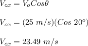 V_{ox} = V_{o}Cos\theta\\\\V_{ox} = (25\ m/s)(Cos\ 20^{o})\\\\V_{ox} = 23.49\ m/s