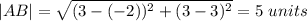 |AB|=\sqrt{(3-(-2))^2+(3-3)^2}=5\ units