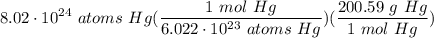 \displaystyle 8.02 \cdot 10^{24} \ atoms \ Hg(\frac{1 \ mol \ Hg}{6.022 \cdot 10^{23} \ atoms \ Hg})(\frac{200.59 \ g \ Hg}{1 \ mol \ Hg})