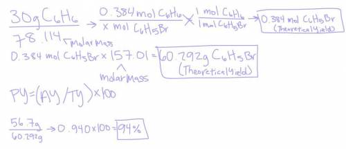 1.What is the theoretical  yield of C6H5Br in this reaction when 30.0 g of C6H6 reacts with excess B