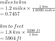 miles \: to \: km \\   = 1.2 \: miles  \times  \frac{1 \: km}{1.6093 \: miles}  \\  = 0.7457 \\  \\ km \: to \: feet \\   = 1.8 \: km \times  \frac{3280 \: ft}{1 \: km}  \\  = 5904 \: ft