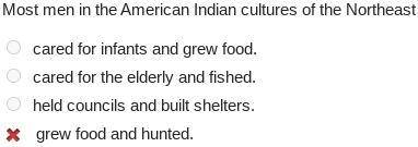 Most men in the American Indian cultures of the Northeast

cared for infants and grew food.cared for