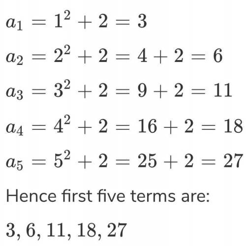 Write the first five terms of the sequence. an=n2 +2