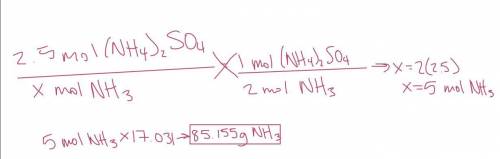 How many grams of NH3 are needed to make 2.50 moles of (NH4)2SO4?

 
2 NH3(g) + H2SO4(aq) --> (NH