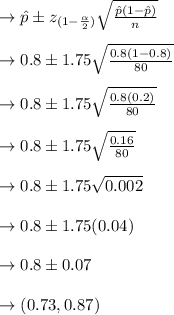 \to \hat{p}\pm z_{(1-\frac{\alpha }{2})}\sqrt{\frac{\hat{p}(1-\hat{p})}{n}}\\\\\to 0.8 \pm 1.75\sqrt{\frac{0.8(1-0.8)}{80}}\\\\\to 0.8 \pm 1.75 \sqrt{\frac{0.8(0.2)}{80}}\\\\\to 0.8 \pm 1.75 \sqrt{\frac{0.16}{80}}\\\\\to 0.8 \pm 1.75 \sqrt{0.002}\\\\\to 0.8 \pm 1.75 (0.04)\\\\\to 0.8 \pm 0.07\\\\\to (0.73,0.87)