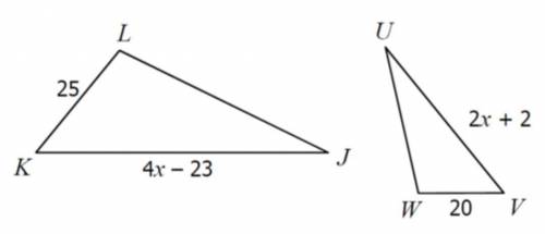 If angle KLJ~angle VWU. Find the x value