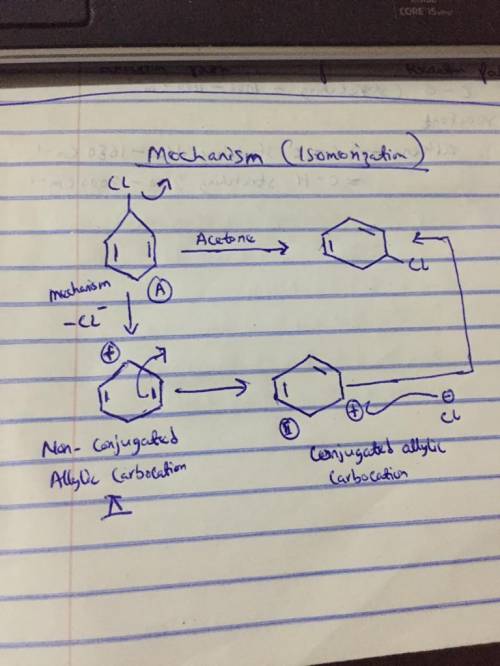 Molecule A undergoes isomerization to molecule B in acetone. Using curved arrows, showing key interm