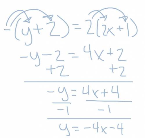 Rewrite in y=mx+b form
- (y + 2) = 2(2x + 1)