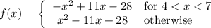 f(x)=\left\{\begin{array}{cl}-x^2+11x-28&\text{for $4