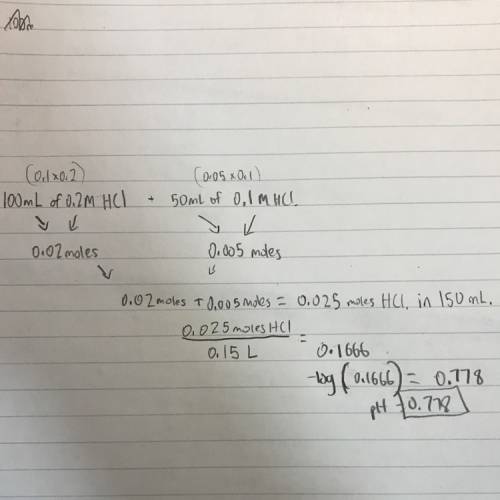 What is the ph of a solution made by mixing 100.00 ml of 0.20 m hcl with 50.00 ml of 0.10 m hcl?  as