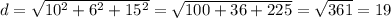 d = \sqrt{10^{2} + 6^{2} + 15^{2}} = \sqrt{100 + 36 + 225} = \sqrt{361} = 19