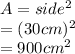 A=side^2\\=(30cm)^2\\=900cm^2
