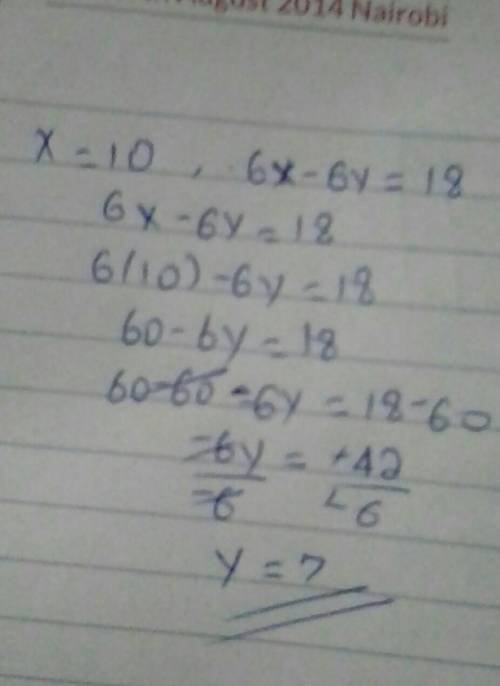 Solve using substitution
x=10
6x-6y=18
y=?