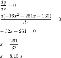 \dfrac{dy}{dx}=0\\\\\dfrac{d(-16x^2+261x+130)}{dx}=0\\\\-32x+261=0\\\\x=\dfrac{261}{32}\\\\x=8.15\ s