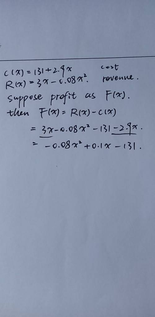 Find the profit function if cost and revenue are given by ​c(x)equals=131131plus+2.92.9x and upper r