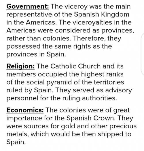 Describe the main charecteristics of government religion and economics in spains colonies in the ame