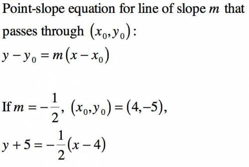 What is an equation that represents a slope of -1/2 and line that passes through (4;-5)