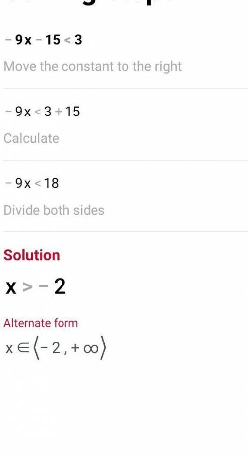 What is the solution to this inequality?

-9x - 15 < 3 
A. X< 2
B. X > -2
C. X < -2
D. X