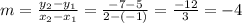 m =\frac{y_{2}-y_{1}  }{x_{2} -x_{1} }  =\frac{-7-5}{2-(-1)}  = \frac{-12}{3} = -4